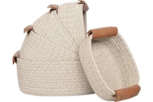 Storage Basket Set of 5 - Cotton Rope Baskets With Leather Handles - Small Woven Basket for Organizing, Nursery, Bathroom She