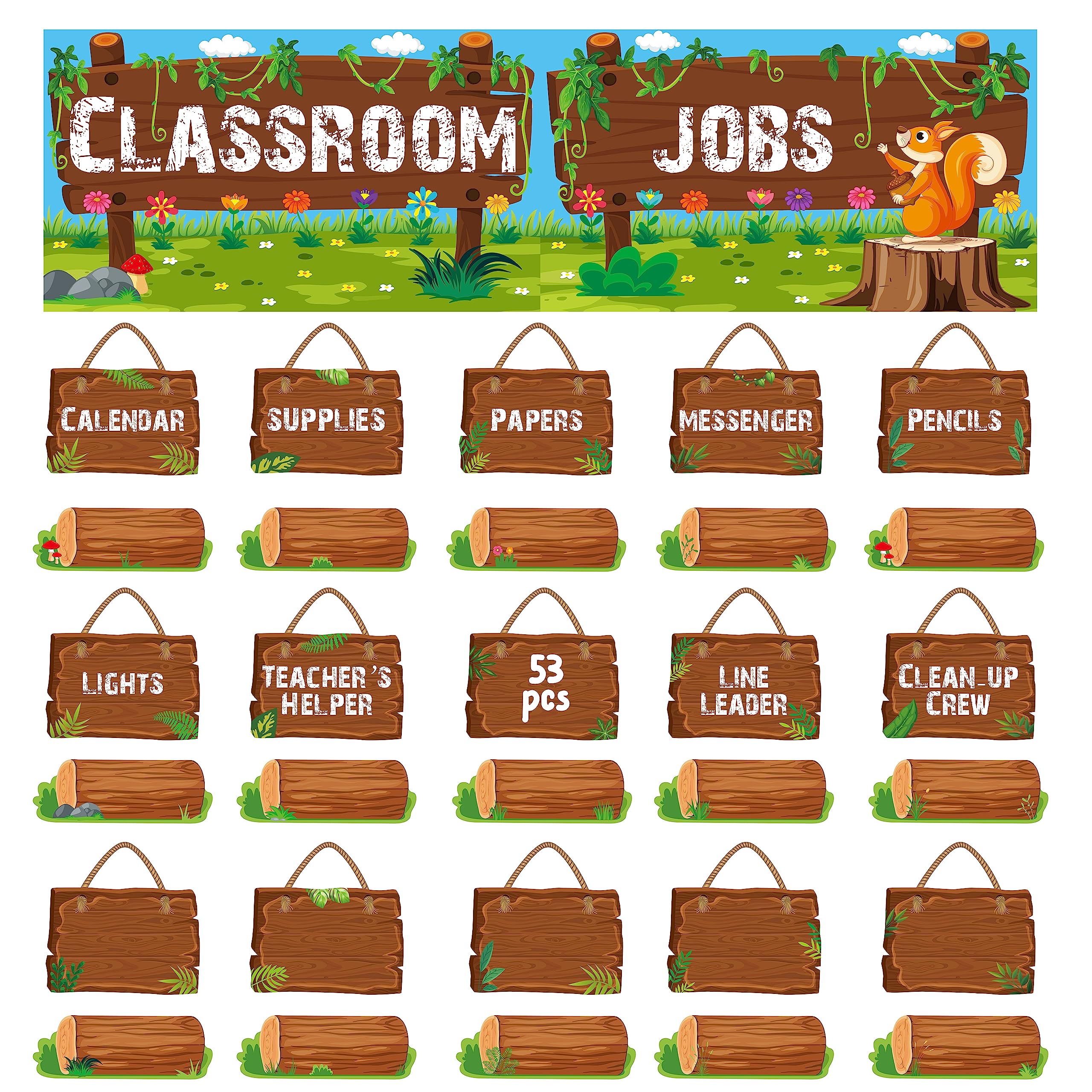 53 Pieces Classroom Jobs, 36 Name Card Classroom Job Chart with Name Tag Class Management Teacher’s Helper Colorful Bulletin Board Decor for First Day of School, Back to School Supplies (Log Style)