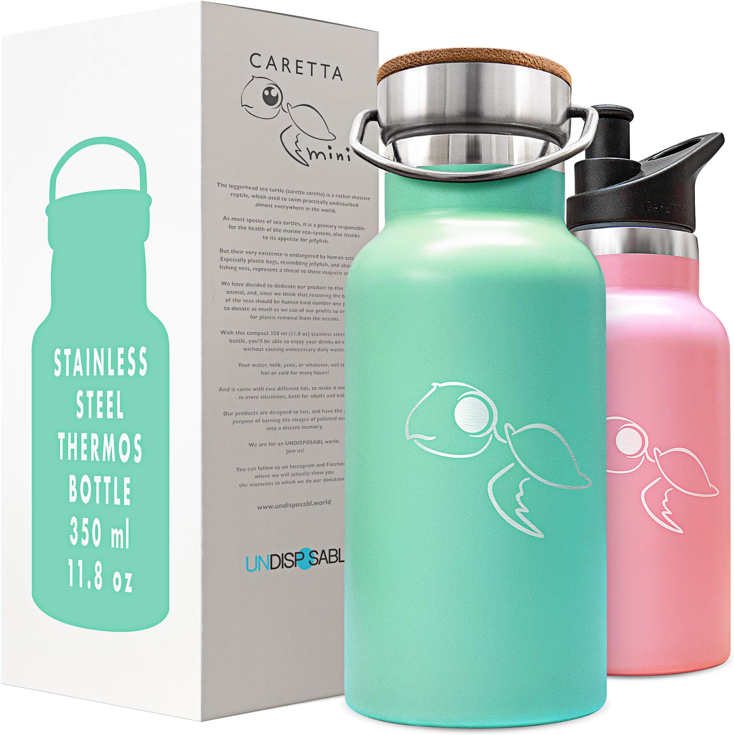 CARETTA - Stainless Steel Water Bottle, finances OCEAN PLASTIC REMOVAL, 350-750ml, Reusable Vacuum Insulated, Coffee Tea Milk Hot or Cold for a day, for adults and kids 4+ - Bpa Free and Leak Proof