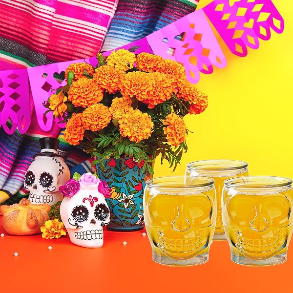 6 PACK – 15 OZ SUGAR SKULL GLASS SUMMERWEEN TUMBLERS – SET OF 6 CREEPY DRINKING CUPS -15 OZ, WITCHY GIFTS, SPOOKY GOTH GIFTS FOR WOMEN, – GOTHIC KITCHEN DECOR, WITCHY BARWARE SKULL JAR