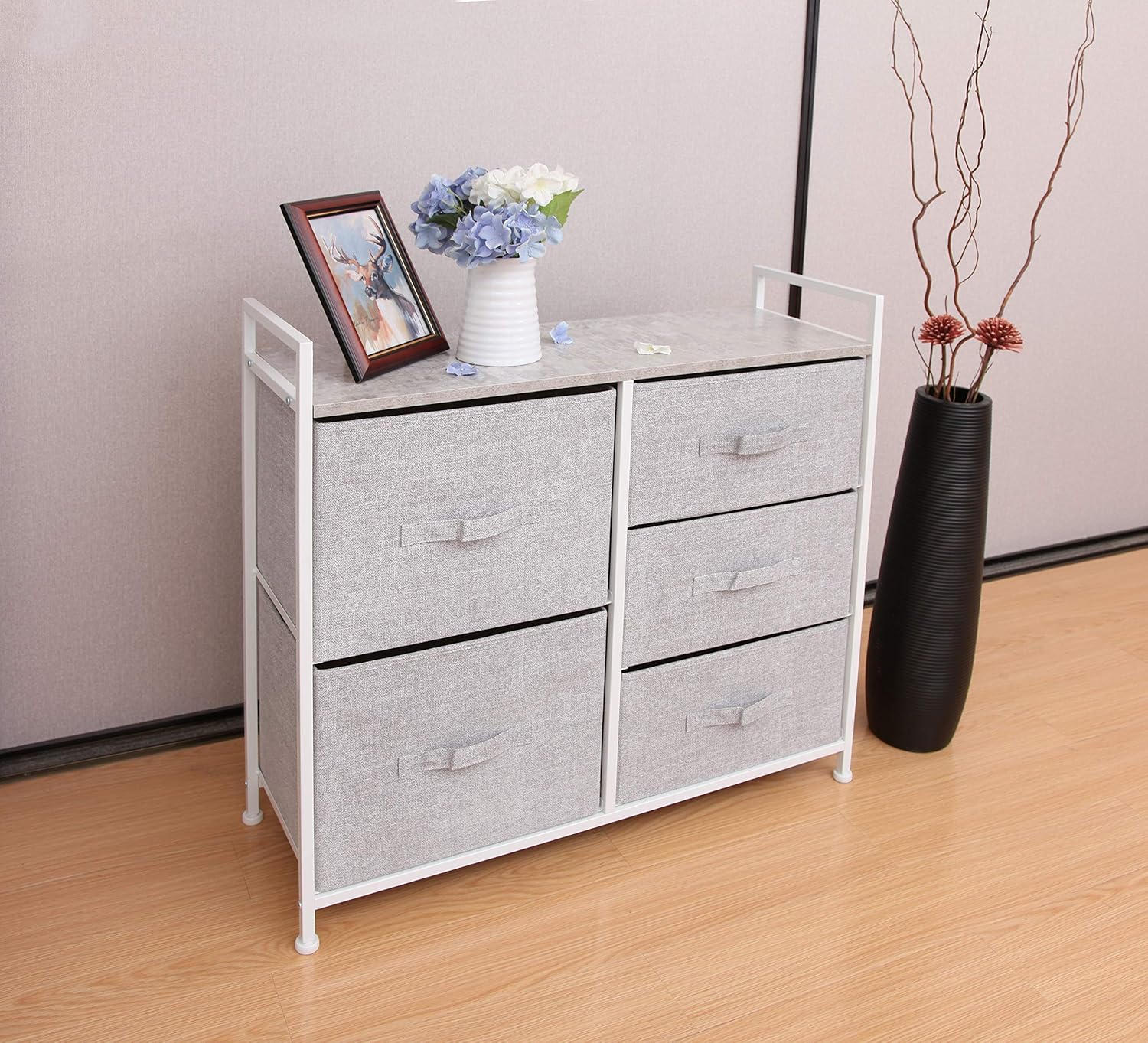 East Loft Storage Cube Dresser Organizer for Closet, Nursery, Bathroom, Laundry or Bedroom 5 Fabric Drawers, Solid Wood Top, Durable Steel Frame Light Grey : Baby