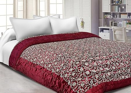 JaipurFabric Silk Floral Print Double Quilt (Maroon Base Golden, King)