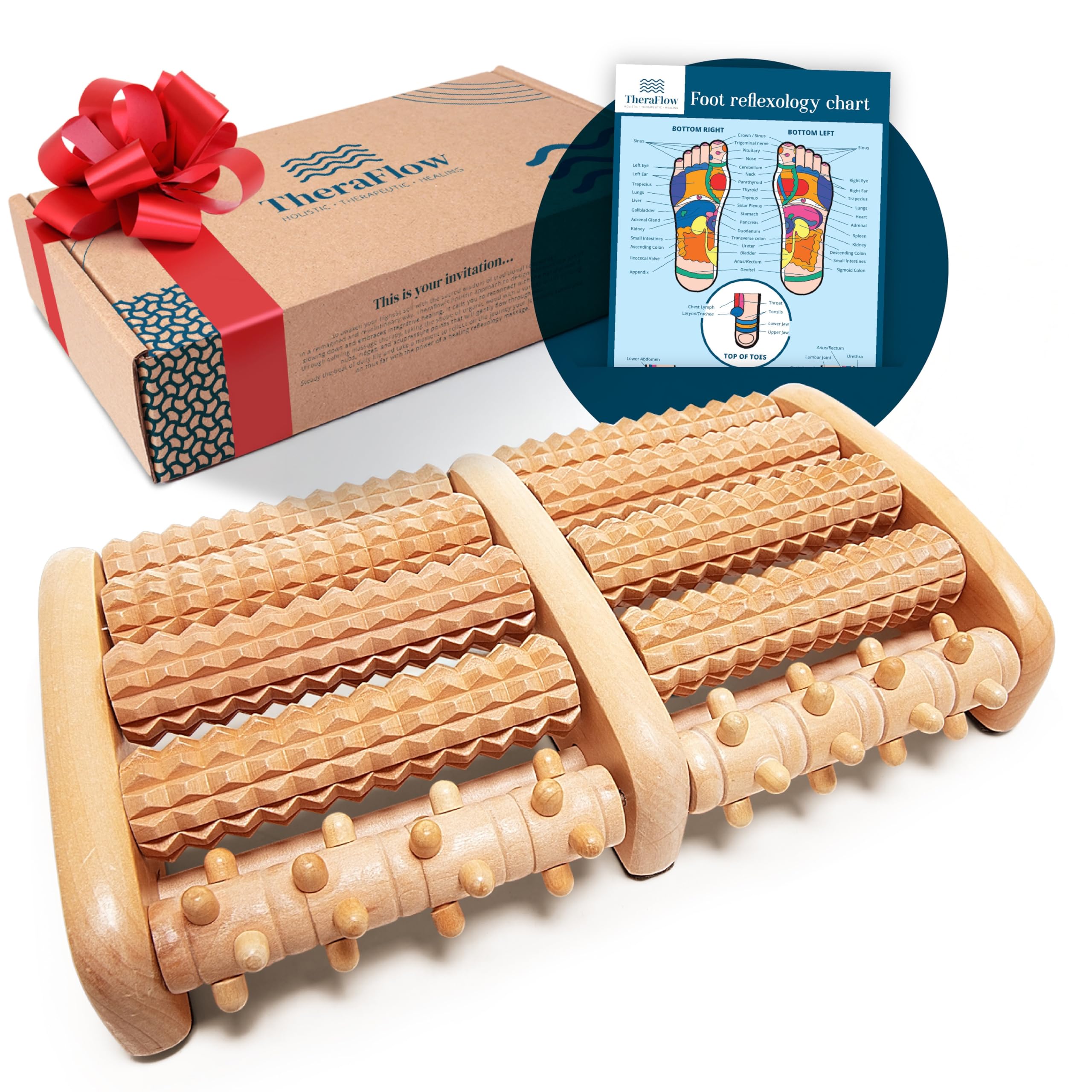 TheraFlow Wooden Foot Massager Roller - Acupressure Plantar Fasciitis Massager, Wellness & Walking Gifts for Women & Men, Foot Massagers for Pain and Circulation (Plus Reflexology Chart)