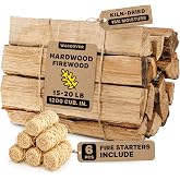 15" Oak Firewood Logs, with Fire Starters Set, Kiln-Dried Wood for Fire Pit, Seasoned Logs for Fireplace, Campfire, Firewood Bundle, Pizza Oven, Split Wood for Solo Stove, 1200 cub. in., 15-20lb