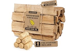 WOODOVER 15" Oak Firewood Logs, with Fire Starters Set, Kiln-Dried Wood for Fire Pit, Seasoned Logs for Fireplace, Campfire, Firewood Bundle, Pizza Oven, Split Wood for Solo Stove, 1200 cub. in., 15-20lb
