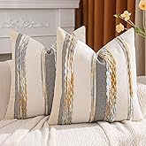 Tosleo Boho Tufted Throw Pillow Covers 18x18 Set of 2 Striped Decorative Pillow Cases Accent Chenille Pillowcases Farmhouse Cushion Case Bohemian Nuetral Textured Pillow Cover,Yellow and Gray