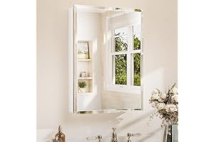 TETOTE Medicine Cabinet 20 x 28 Inch White Beveled Bathroom Mirror, Assembly Needed, Stepless Adjustable Shelves, Recessed or