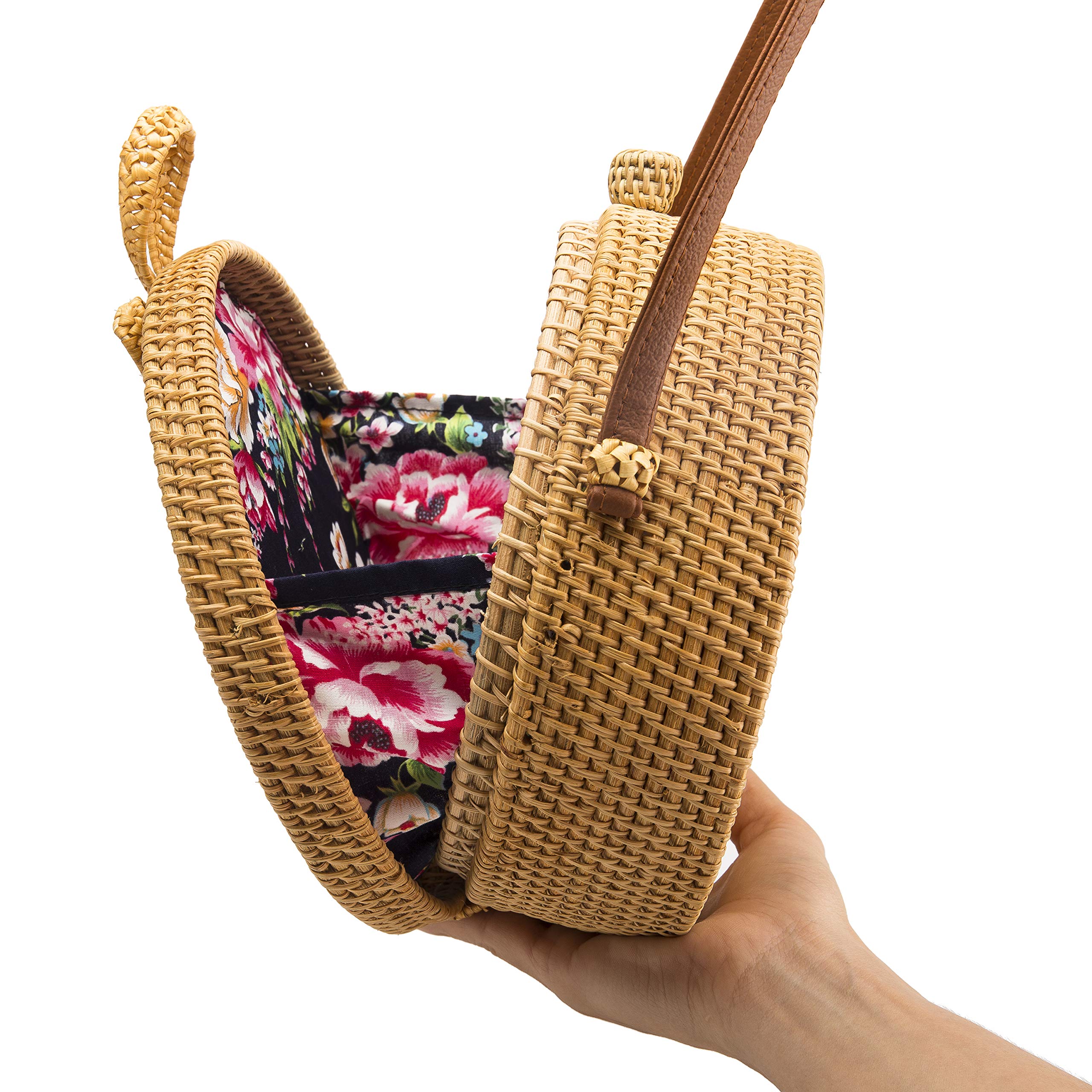Round Straw Handbag With Leather Straps