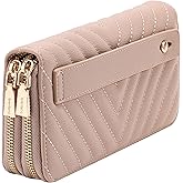 B BRENTANO Vegan Leather Double Zipper Pocket Wallet with Grip Hand Strap (Chevron Embroidered Almond Beige)