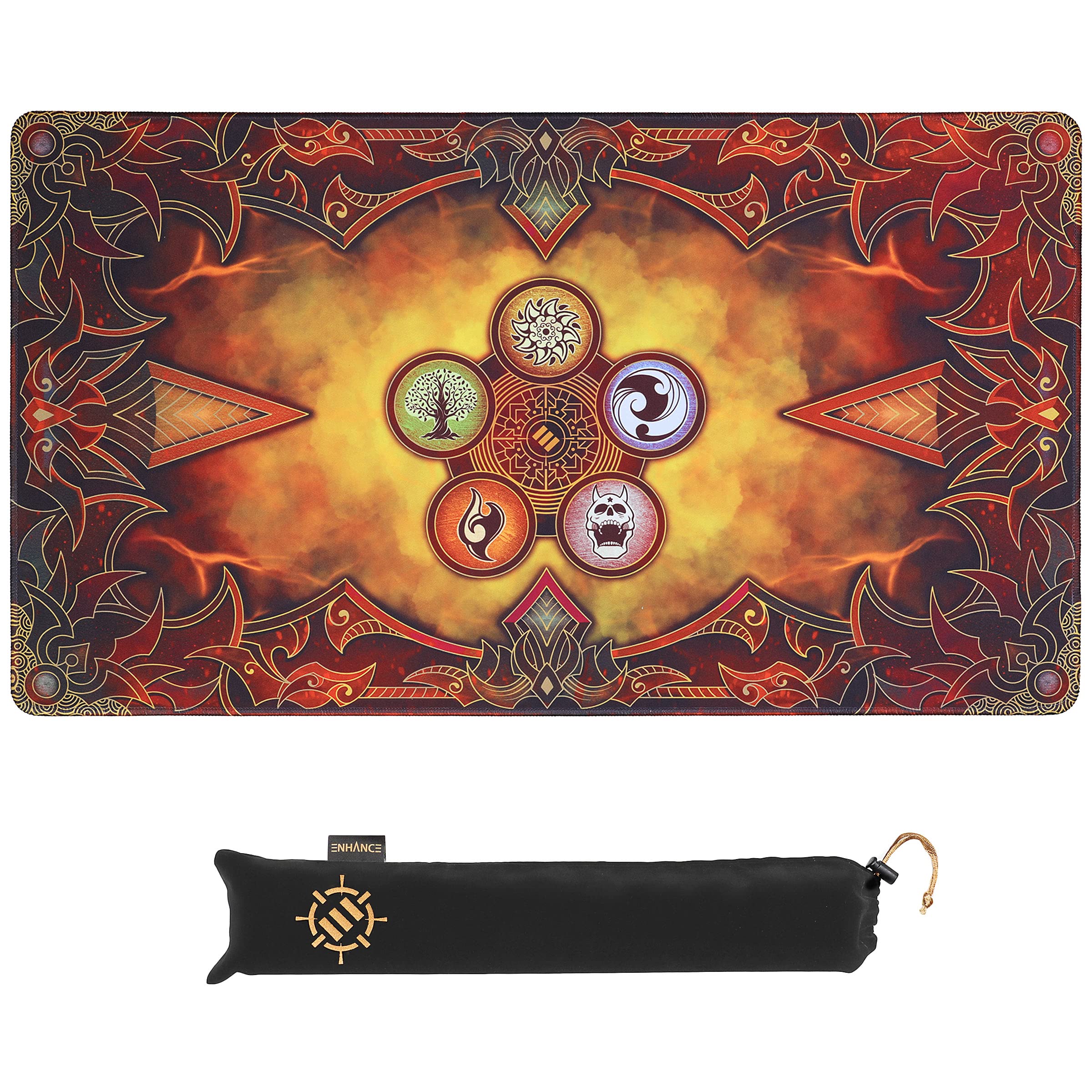 ENHANCE TCG Playmat - Tabletop Card Playmat with Stitched Edges, Smooth Surface, and Drawstring Travel Pouch - Compatible with MTG, YuGiOh, Pokemon, Lord of the Rings, and other TCG and LCG - Flames