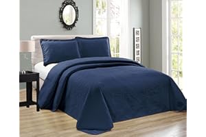 ELEGANT HOME DECOR Elegant Home Beautiful Over Sized Solid Color Dark Blue Navy Embossed Floral Striped 3 Piece King Size Coverlet Bedspread (King, Navy)