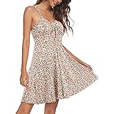 Missufe Spaghetti Strap Floral Mini Dress Women's Casual Ruched Front Drawstring Swing Sundress