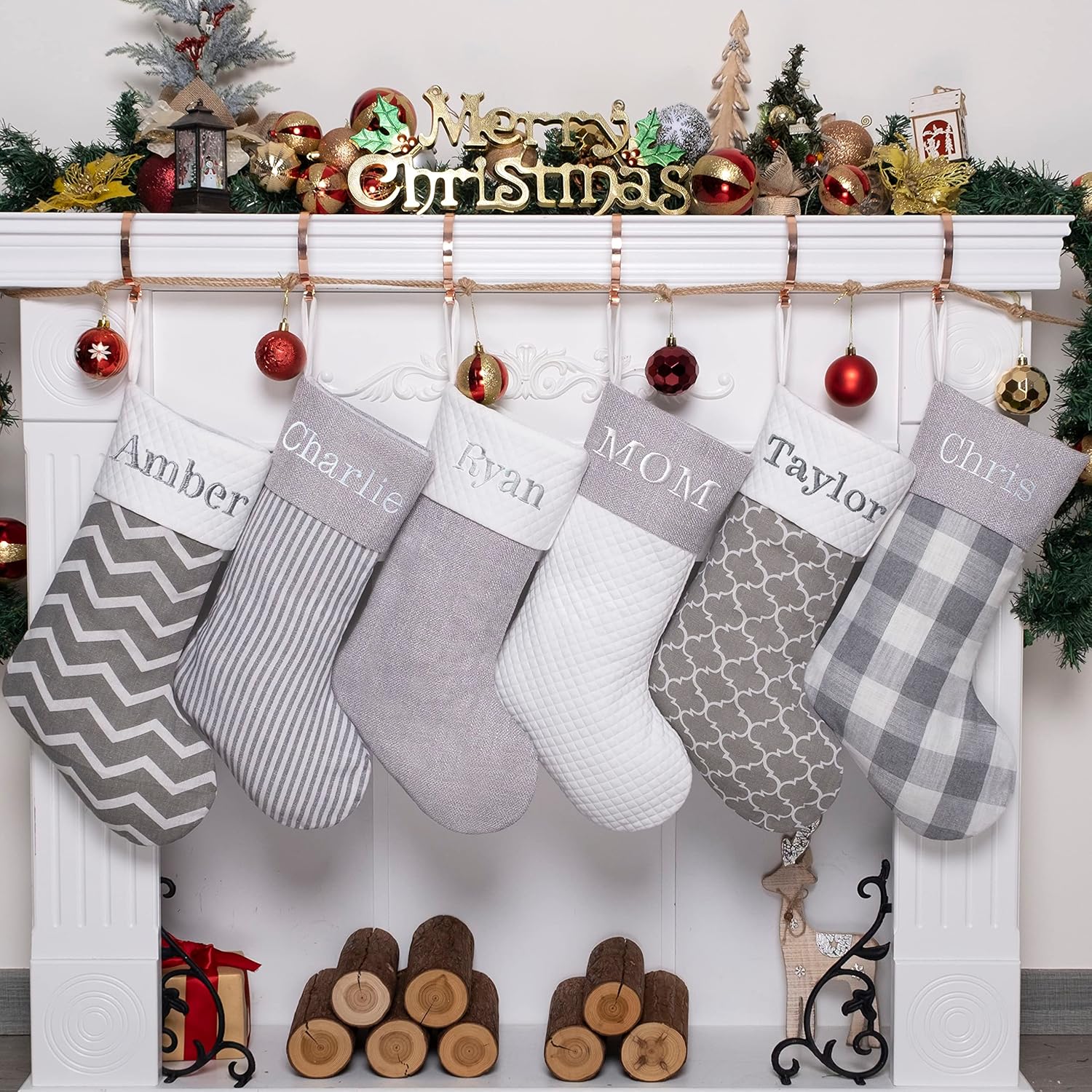 Stockings & Holders - LUBOT Personalized Christmas Stockings Family Decorations Geometric Grey and White Pattern Xmas Gift Ornaments Embroidery Custom Name Christmas Stockings for Kids Holiday Party Decor 20