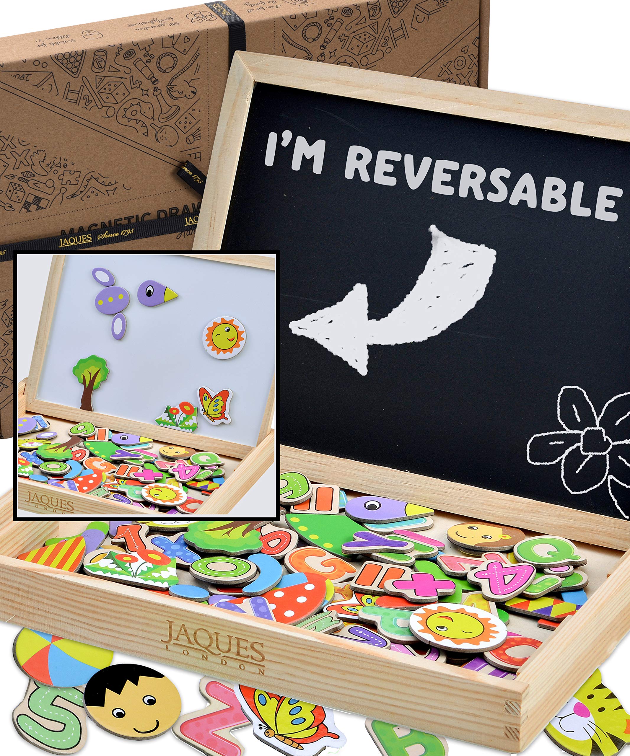 Jaques of London Magnetic Art Board with Magnets for Kids | Activity Wooden Toys for 3 4 5 Year Olds | Reversible Magnetic Drawing Board with Chalk Board for Kids | Since 1795