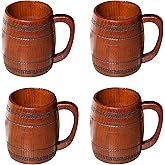 Wooden Beer Mug for Man Woman - 4 pcs Vintage Beer Viking Stein Cups, 12 oz Handmade Wood Camping Barrel Gift for Dad Friend Family Drink Coffee Tea