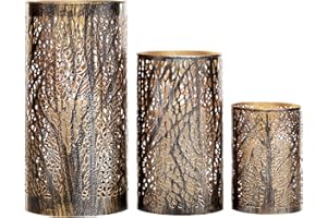 Deco 79 Metal Indoor Outdoor Candle Lantern Cutout Tree Branch Lantern Candle Holder with Gold Interior, Set of 3 Lantern 12", 9", 5"H, Bronze