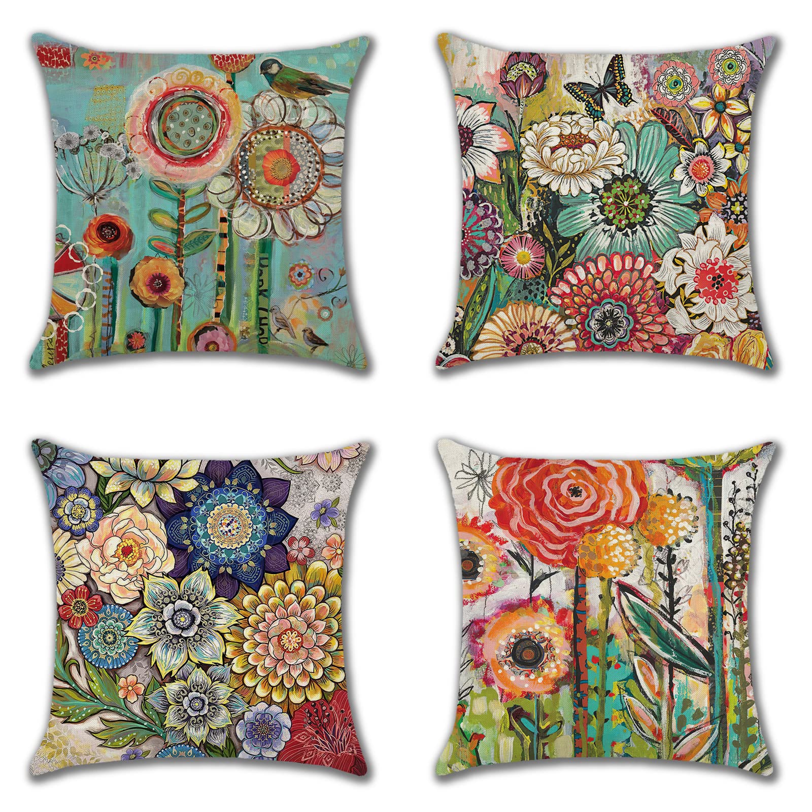 JOTOM Set of 4 Floral Throw Pillow Covers 18x18 Inch Summer Decorative Square Cushion Covers 45x45 cm Sofa Colorful Flowers Cushion Cases for Outdoor Home Bed Couch Farmhouse Decor (Colorful Flowers) — image 1