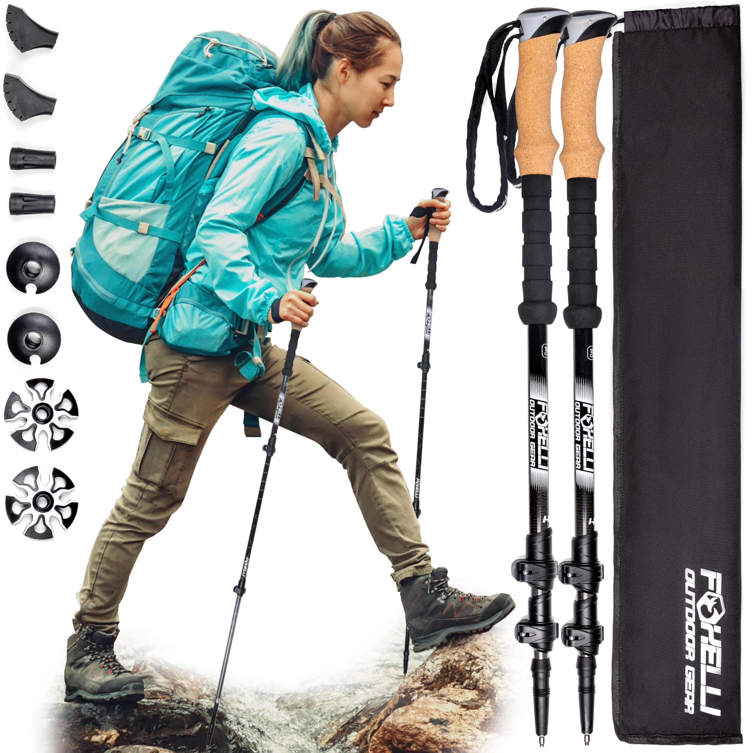 Foxelli Carbon Fiber Walking Poles – Lightweight Collapsible Hiking Poles with Cork Grips, Quick Flip Locks & All-Terrain Accessories – Adjustable Height Hiking Sticks for Men & Women