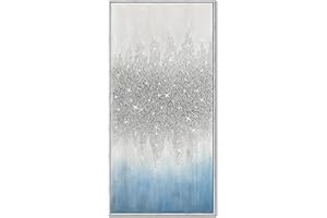 Sofoney - Silver Framed Blue Silver and Gray Abstract Canvas Wall Art Hand Painted Oil Painting with Sand Grain and Glitter in Metallic Hues Large Vertical Wall Decor for Living Room Bedroom - 40"x20"