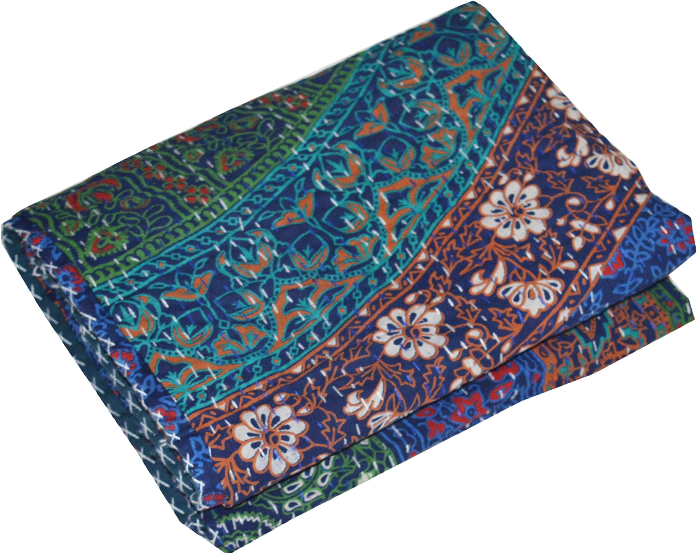 YUVANCRAFTSIndian Handmade Two Layer Kantha Reversible Mandala Kantha Quilt Navy Blue Cotton Twin Size Throw Blanket