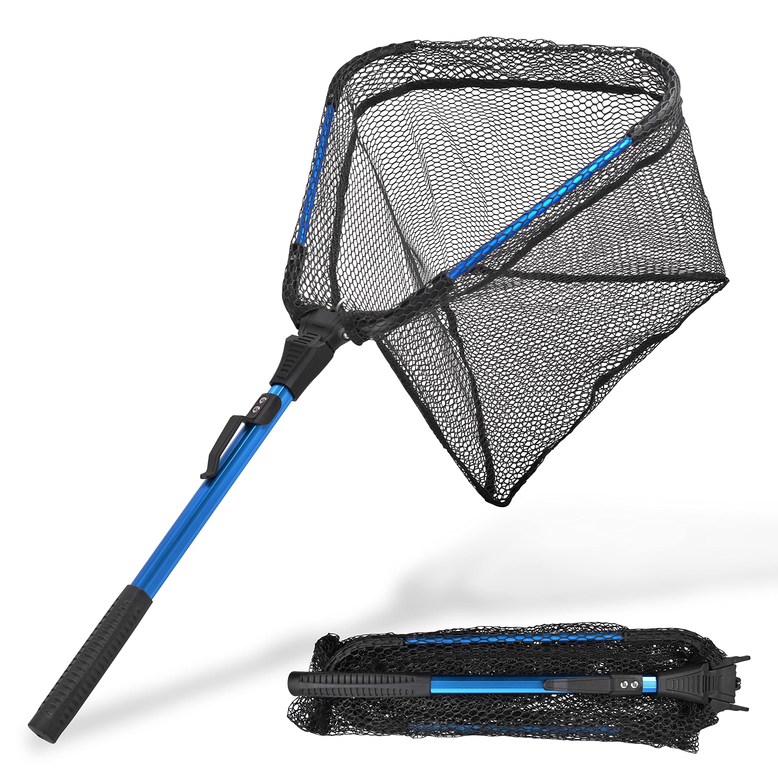 OROOTL Fishing Landing Net, Aluminium Alloy Foldable Fishing Net with Fixed/Telescopic Handle, Rubber Coated Nylon Mesh Fish-Friendly Net for Pike Salmon Trout Catfish, Easy Catch and Release