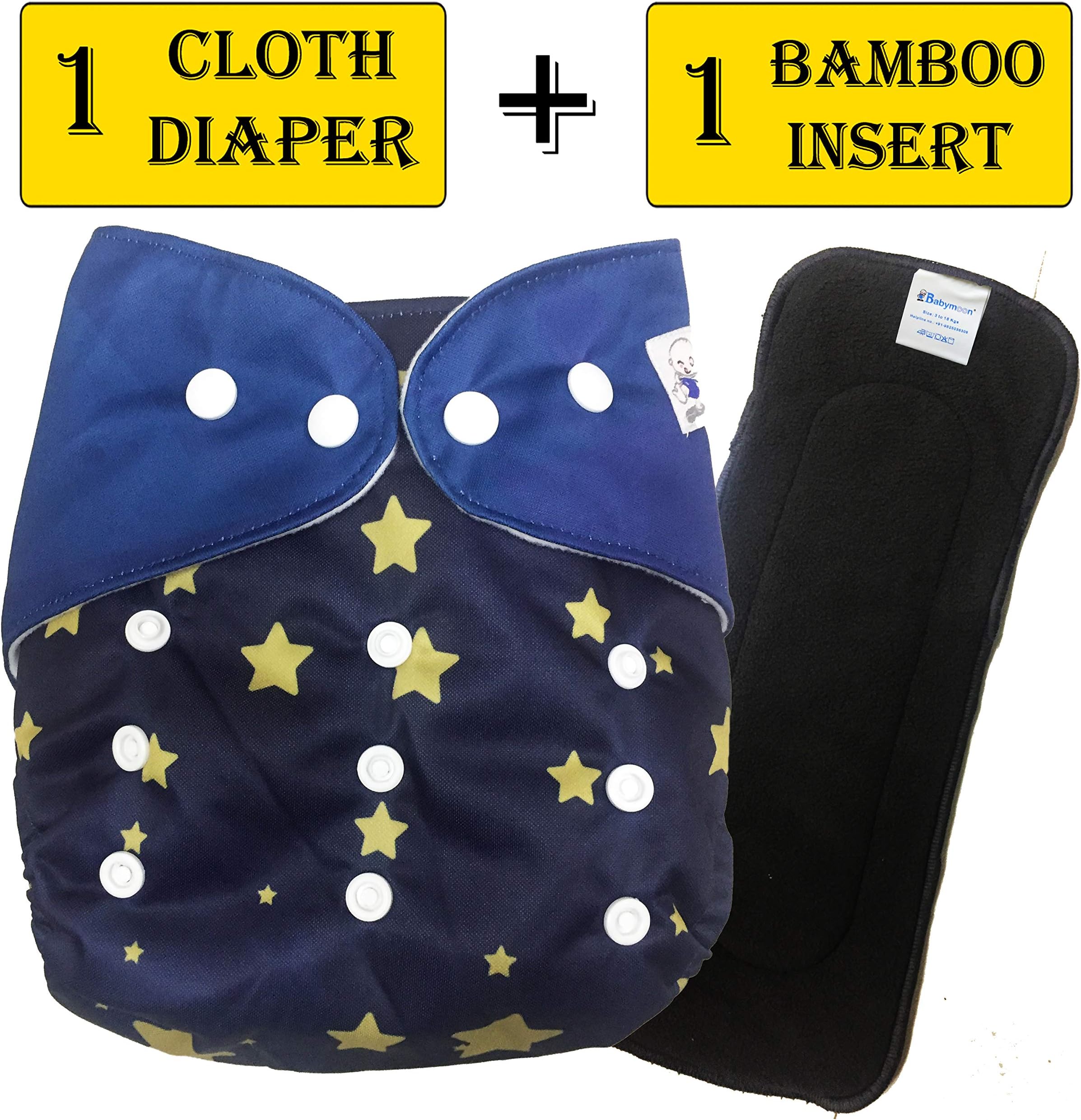 Babymoon (Set of 2) 1 Cloth Diaper with 5Layers Charcoal Bamboo Insert) Premium Adjustable Reusable Cloth Diaper