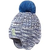 FENELY Girls Boys Winter Hat 3-12, Children's Warm Knitted Earflaps Beanie with Pom Pom Thicken Fleece Lining Cap for Kids