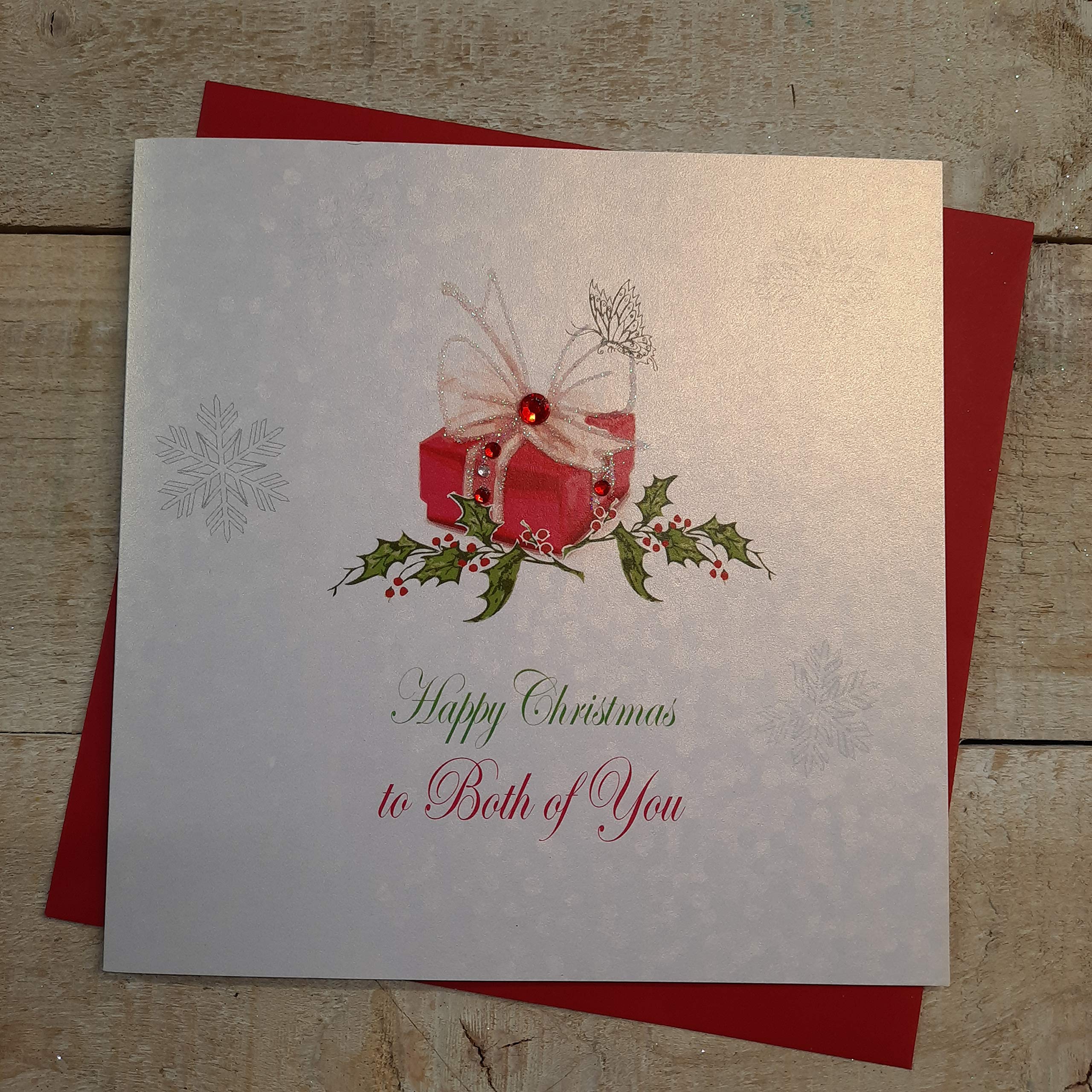white cotton cards X127 To Both of You Handmade Christmas Card with Present Design, White