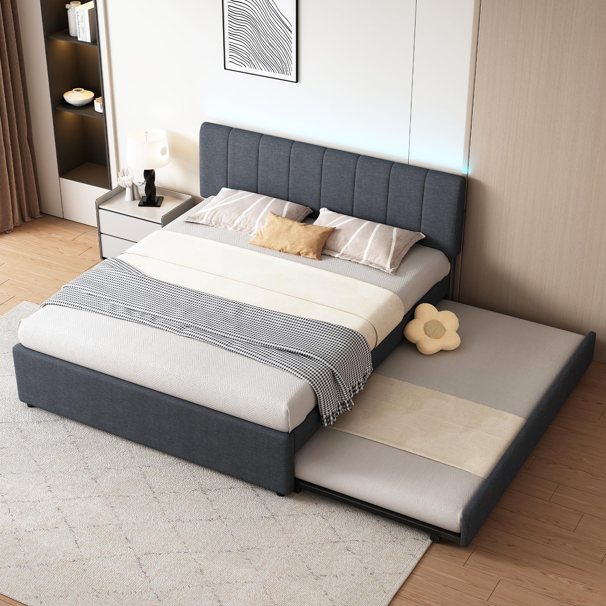 Photo 1 of *** BOX ONE ONLY ***FAVSH Queen Size Upholstered Platform Bed with Trundle and 1 Sets of USB, Linen Fabric Full and Twin Double Bed w/LED Lights with APP for Bedroom,Dark Gray