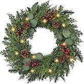 Christmas Wreath with Lights 24 Inch Real Touch Pine Wreath with Red Berries/Pine Cone Prelit Christmas Wreaths for Front Door Outdoor Christmas Decorations Winter Wreath for Windows Indoor Holiday