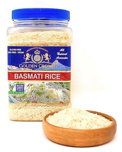 GOLDEN CROWN WHITE BASMATI RICE, PREMIUM QUALITY GLUTEN-FREE, KOSHER & HALAL, NATURALLY AGED LONG GRAIN NON-STICKY & FLUFFY AROMATIC HIMALAYAS RICE – 32 OZ (2LB)