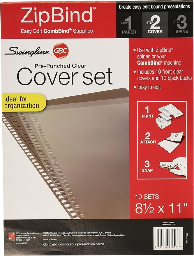 Swingline GBC ZipBind PrePunched Cover Set, Clear/Black, 10 Pack