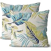 Wsunsal Green Blue Tropical Leaf Pillow Covers 18x18 Inch Set of 2 Palm Leaves Pillow Cases Farmhouse Botanical Plant Summer Throw Pillows Linen Cushion Cover for Home Sofa Bedroom Outdoor