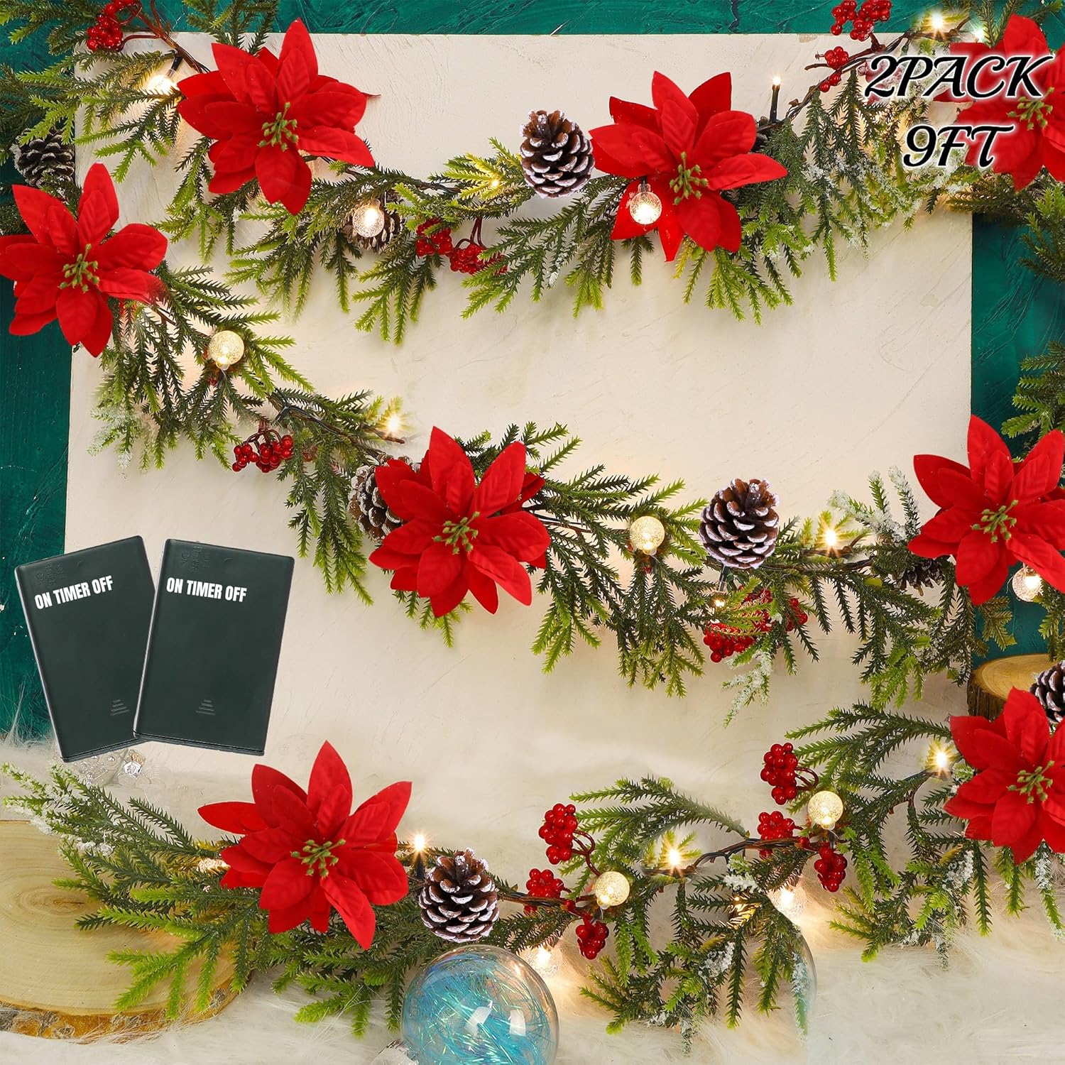 Wreaths, Garlands & Swags - Juegoal 2 Pack Christmas Garland, 9' Pre-lit Artificial Xmas Flocked Garlands, Lighted Poinsettia Spruce Timer & Battery Operated with Lights, Garden Home Winter New Year decor, Geen, Red (YO-TTSZ-2)