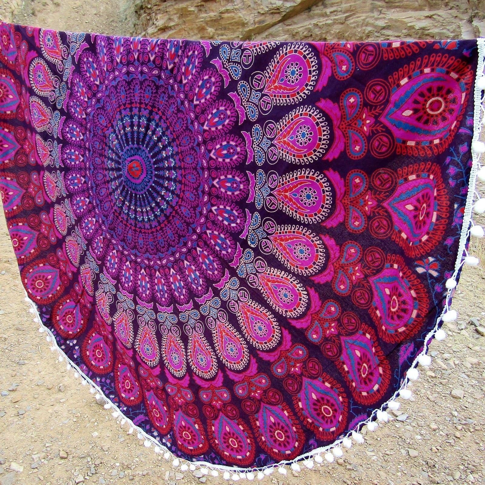 Indian Round Mandala Hippie Pom-Pom Tapestry Roundie Beach Towel Art Yoga Mat Table Cover Tapestry