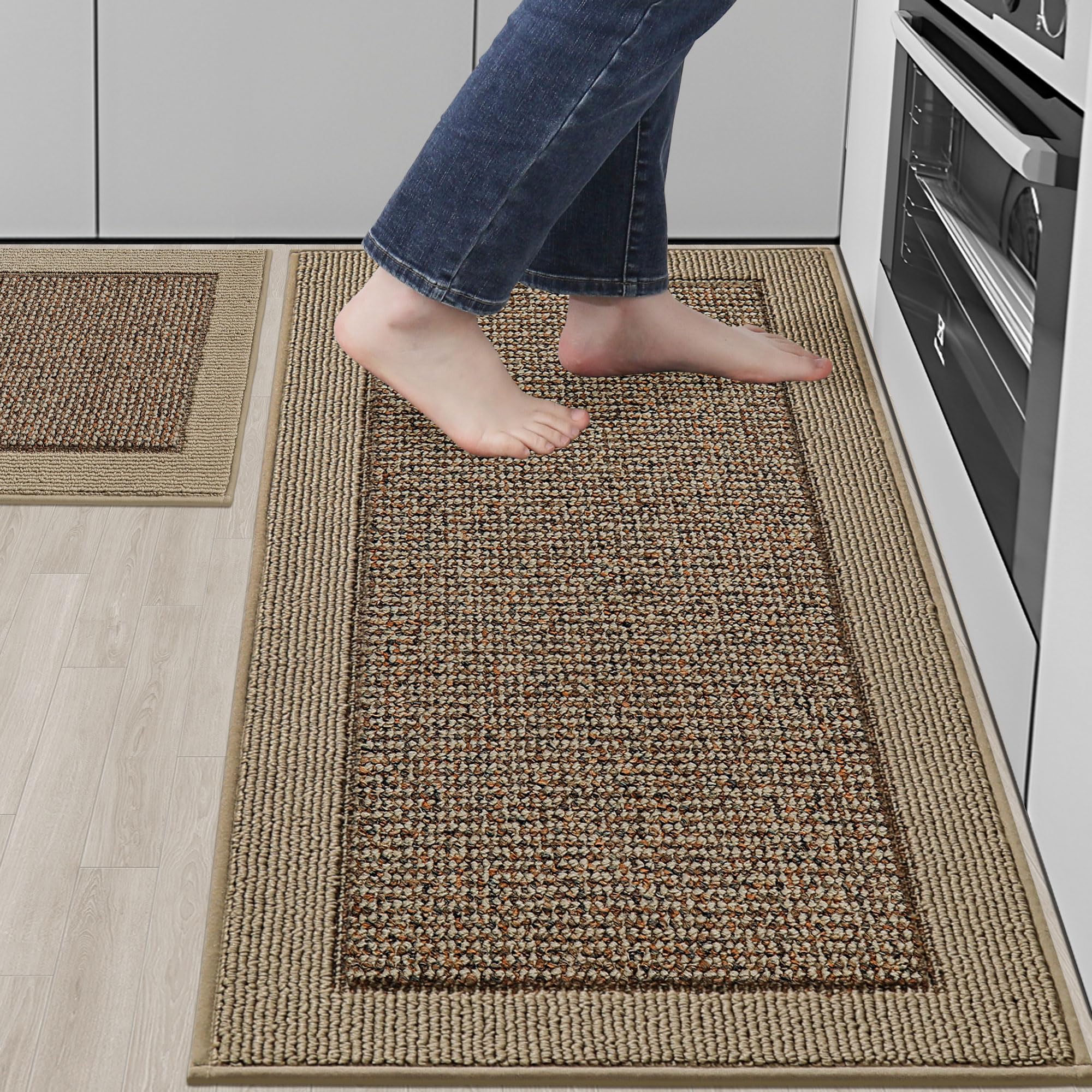 Photo 1 of BEQHAUSE Kitchen Rugs and Mats Set of 2 Non-Slip Kitchen Mats for Floor, Absorbent and Stain Resistant Kitchen Runner, Machine Washable Rugs for Kitchen, Laundry & Sink, 20"x32"+20"x48", Taupe