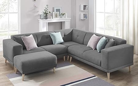 Bobochic Luna Canape D Angle Panoramique 6 Places Avec Pouf Tissu Gris Fonce 246 X 246 X 75 Cm Amazon Fr Cuisine Maison