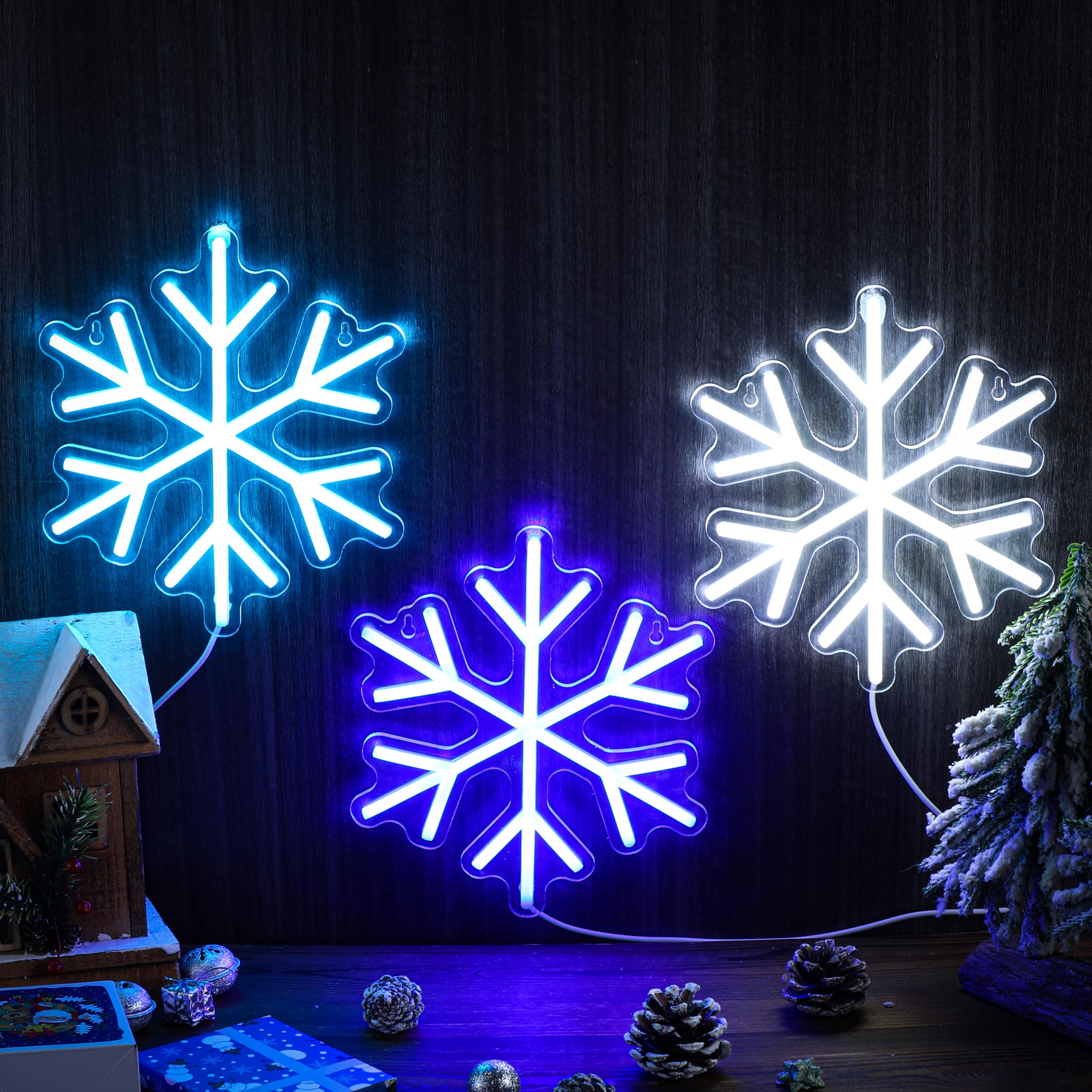 Photo 1 of ROCEEI 3 Pcs Snowflake Neon Sign, Snowflake Neon LED Lights Winter Neon Lights USB Window Wall Bar Living Room Decor for Winter Christmas Party Holiday Night Bedroom Gifts