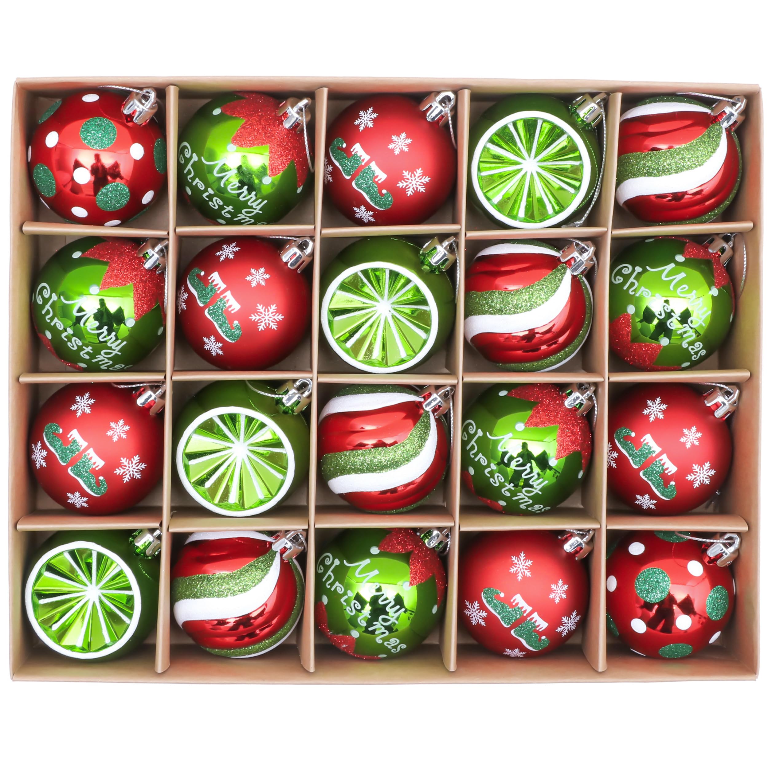 Victor's Workshop Christmas Baubles Set 20pcs 60mm, Red Green and White Christmas Ball Ornaments for Xmas Tree Decorations