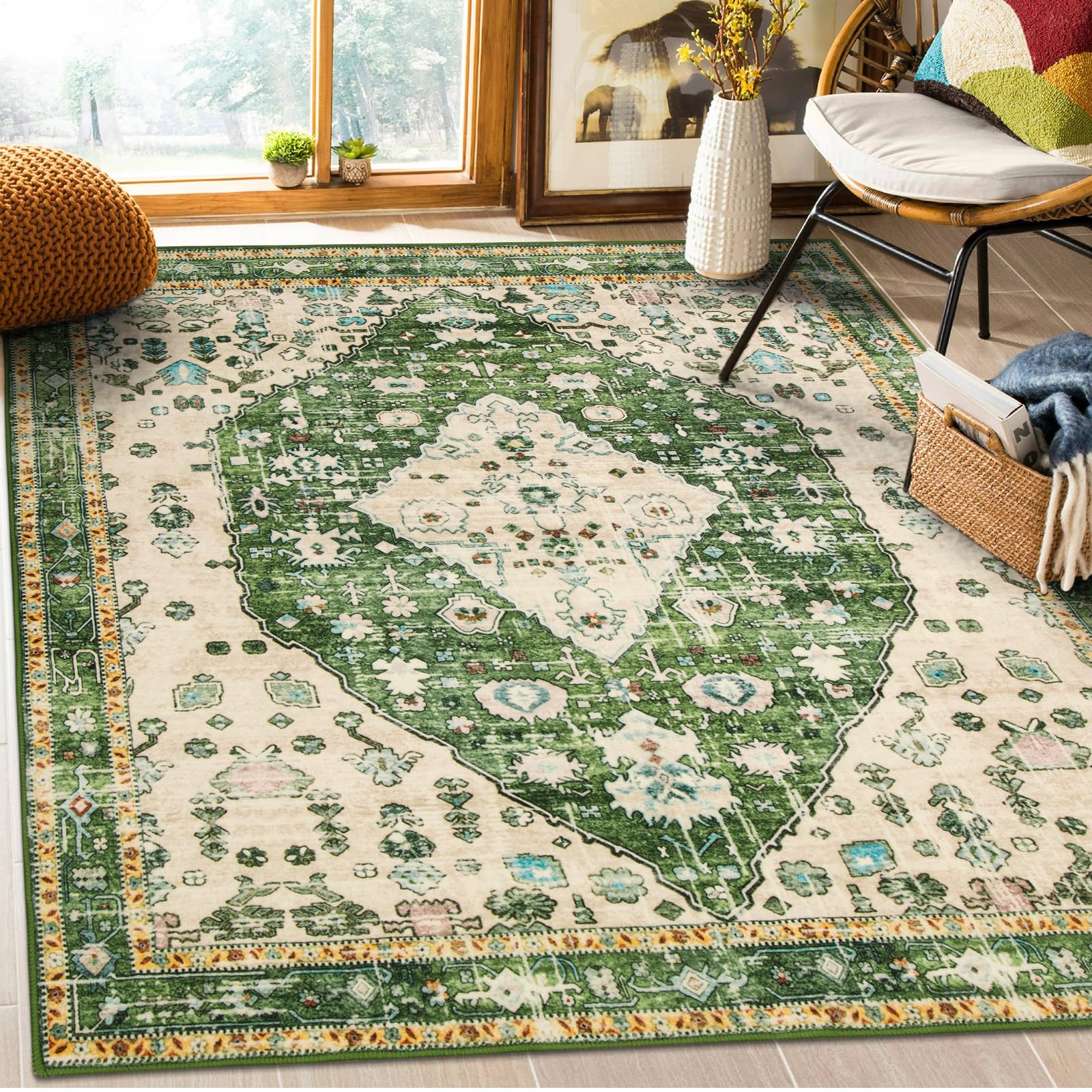 Lahome Boho Tribal Square 6x6 Area Rug, Green Area Rug for Bedroom Soft Non Slip Nursery Rug, Large Oriental Machine Washable Non-Shedding Printed Floor Carpet for Playroom Kids Living Room Image