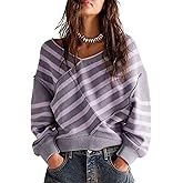 HYLLGUD Women's Long Sleeve Striped Color Block Knitted Sweater V Neck Oversized Pullover Jumper Tops