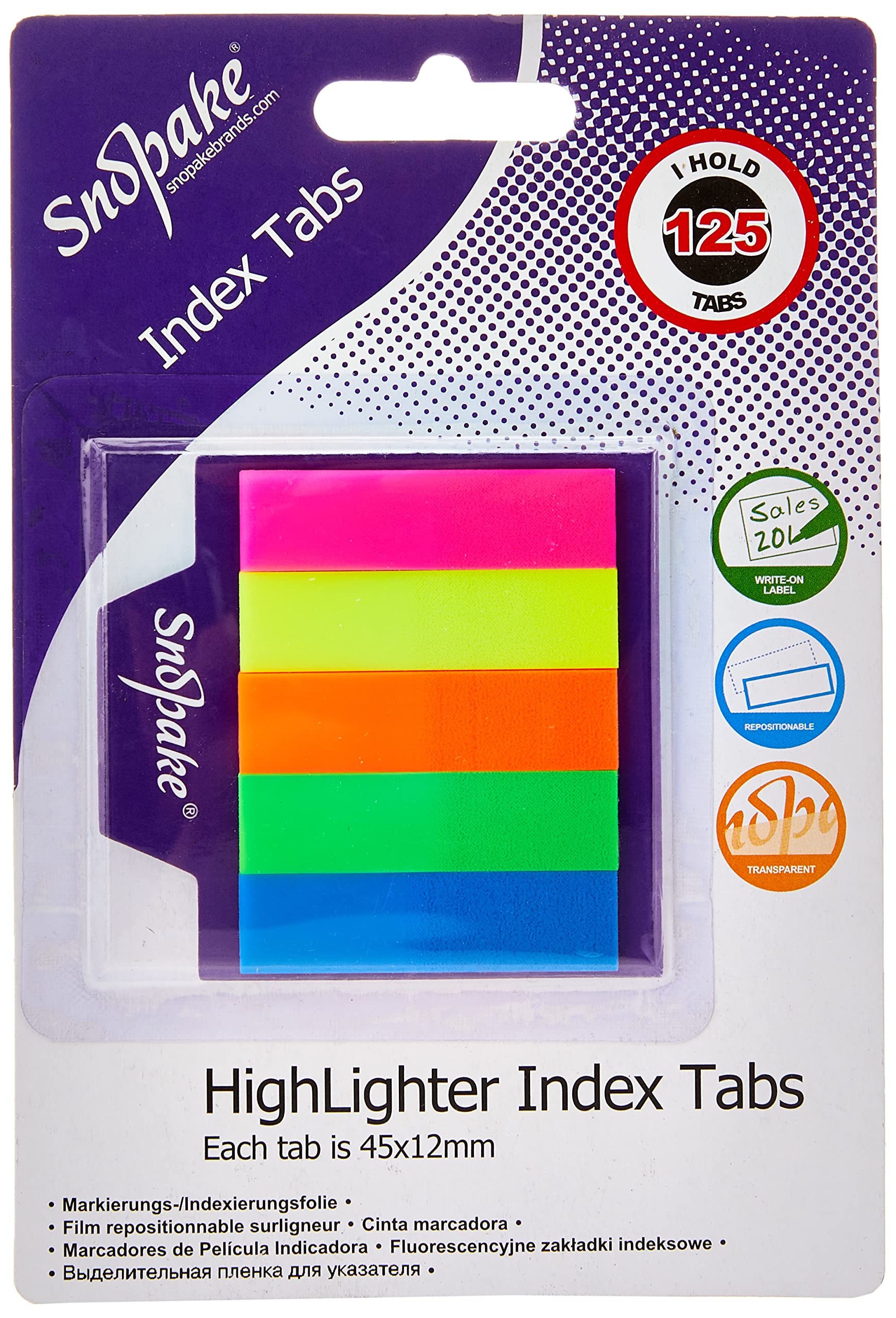 Snopake Index Tab Highlighters Transparent 45 x 12 mm - 125 Tabs - Neon Assorted [Pack of 1] Ref: 13154
