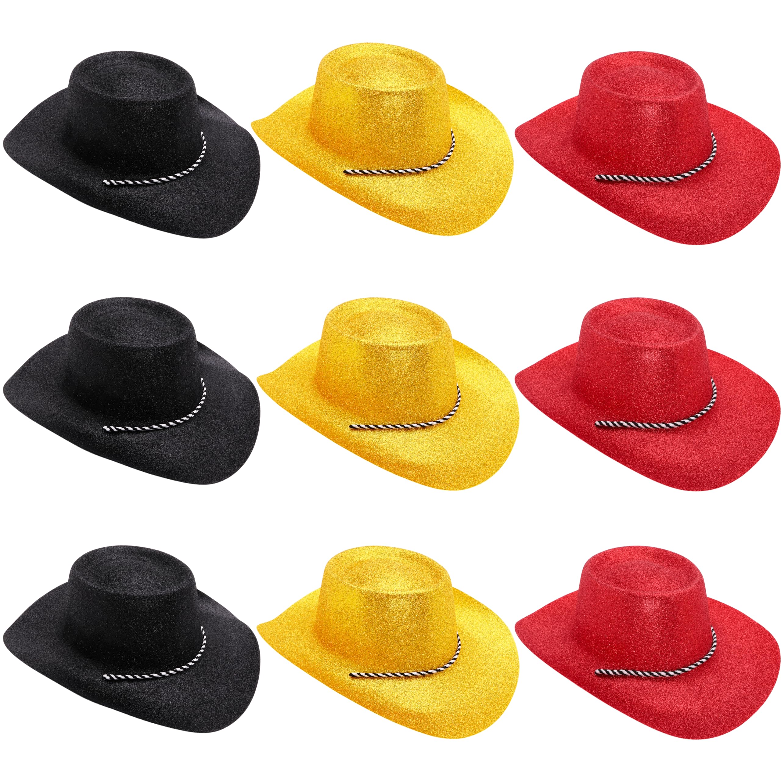 Toyland® Pack of 9 Belgium Theme Glitter Cowboy Hats - 3 Black, 3 Gold & 3 Red - Size 34cm (13") - Perfect for Euros, World Cup & Festivals