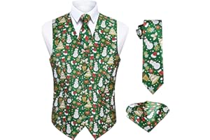 Enlision Mens Christmas Suit Vest Xmas Holiday Tree Snowflake Vest Tie Pocket Square Set Jacquard Waistcoat Party