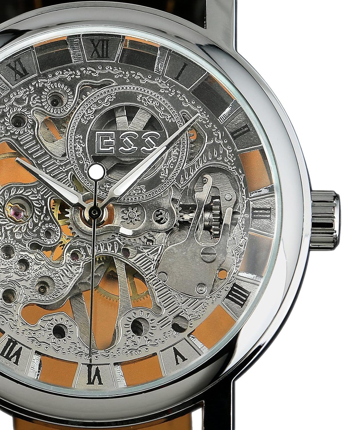 ESS Men's Black Leather Luxury Skeleton Dial HandWind Up