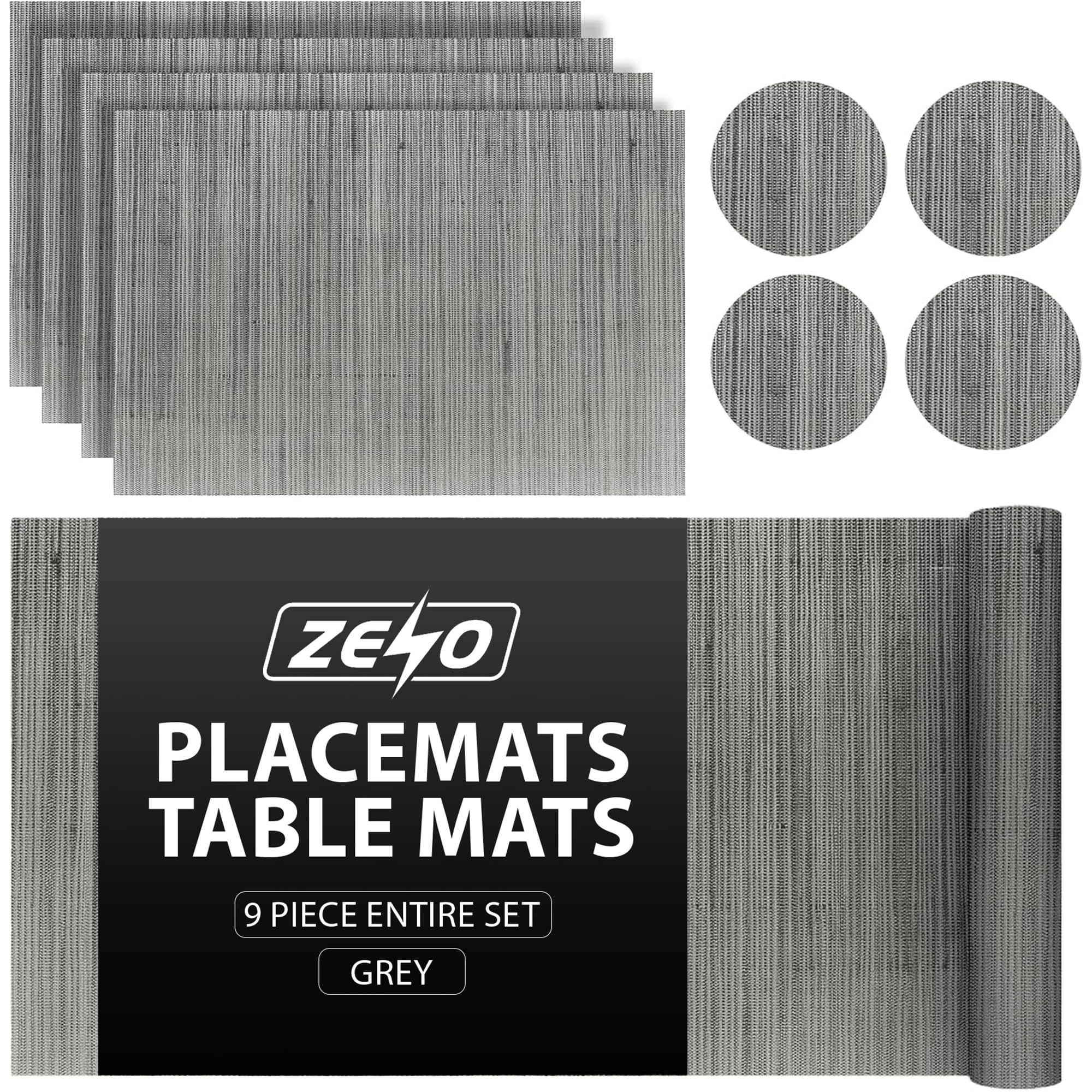 ZENO Placemats Table Mats | 9 Piece Set with 4 x Placemats + 4 x Coasters + 1 x Long Table Mat | Resistant Anti Slip Table Place Mats and Coaster Sets for Home | Restaurant | Grey