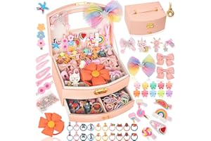 ONECOCOA Hair Accessories Set for Girls: Jewelry Box, Hair Clips, Barrettes, Ties, Bows - Teen Girl Gift for Ages 4-12 (Pink)