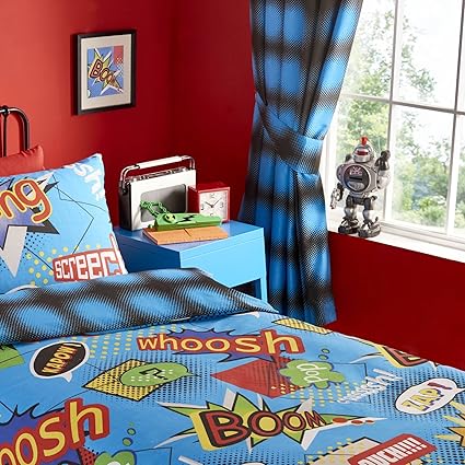 Kapow Comic Book Boys Blue Lined Curtains 66 X 72 Drop Amazon