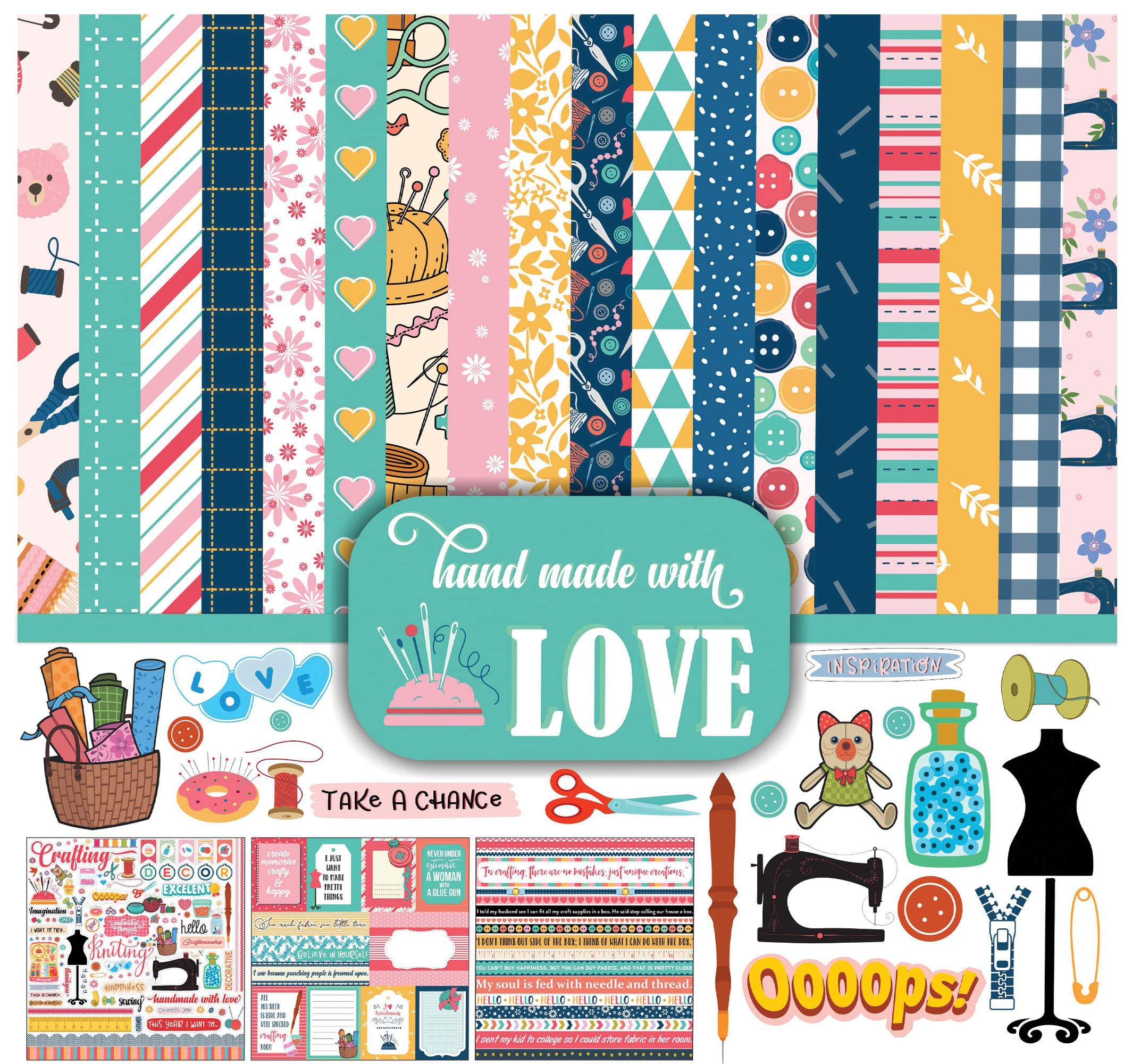 Inkdotpot Handmade with Love, Sewing Craft Collection Double,Sided Scrapbook Paper Kit Cardstock 12"x12" Card Making Paper Pack of with Sticker Sheet - 16 Pages - Multicolor
