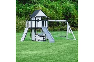 Backyard Discovery Canyon Creek All Cedar Wood Swing Set-White w/Grey Wave Slide, Playhouse w/Grill, Plastic Food, Picnic Area, Steering Wheel, Two Belt Swings, Rock Climbing Wall, Balcony, Web Swing